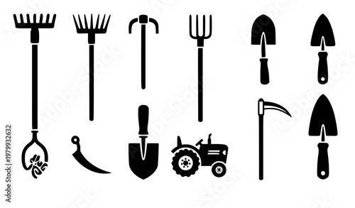 Gardening tools silhouette icon set farm equipment vector