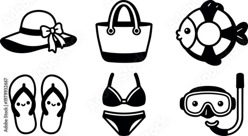 Black and white beach hat bag bikini flipflops fish snorkel mask vector art