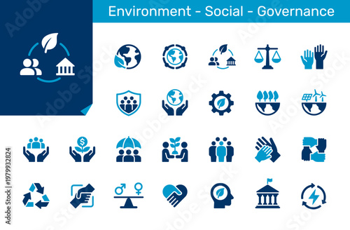 Environmental, Social, and Governance icon collection for sustainability, responsibility, ethics and corporate concept. Flat design. Pixel perfect.