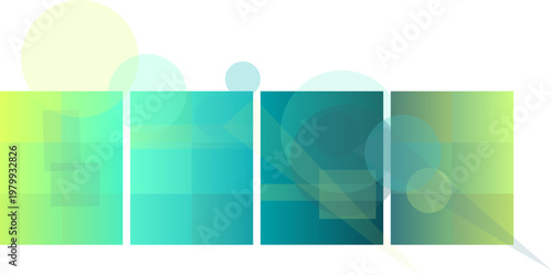 Abstract digital background with four gradient panels and translucent geometric shapes in green and blue tones, creating a modern and dynamic visual effect.