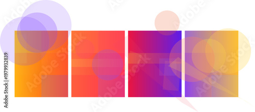Abstract digital art with four gradient panels and overlapping translucent geometric shapes in vibrant colors.