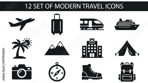 Collection of twelve modern travel icons featuring plane train ship and camping equipment.