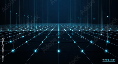 Futuristic Digital Grid Network of Glowing Nodes.