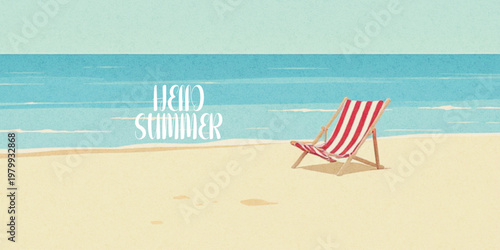 Abstract summer minimal horizontal poster, cover, banner, card with bright sea, blue sky and striped beach chairs. Summer holidays, journey, vacation travel illustration.