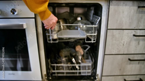 Hand places dirty dishes into dishwasher, kitchen setting with modern appliances