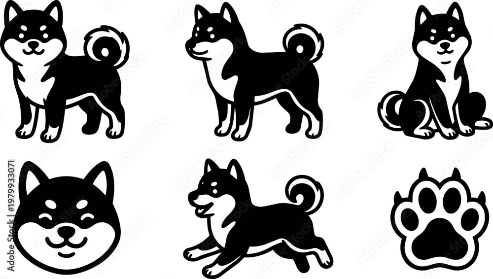 Obraz premium Black and white shiba inu dog icons in various poses with paw print illustration