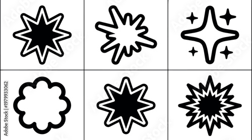Black and white starburst shapes collection with varied outlines and spikes