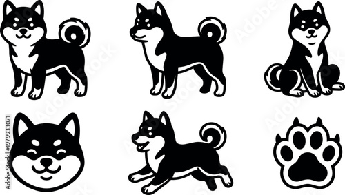 Black and white shiba inu dog icons in various poses with paw print illustration