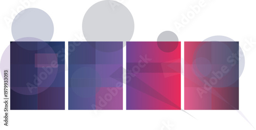 Abstract graphic design with four rectangular blocks displaying color gradients and overlaid translucent circular shapes.