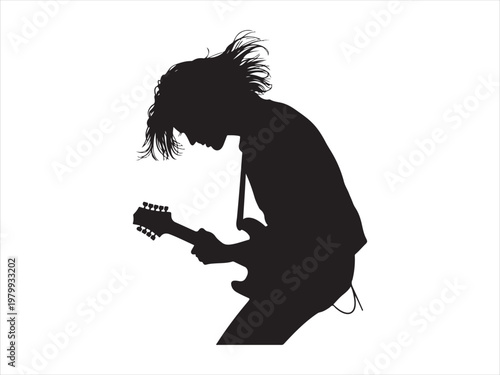 Black silhouette of a man playing electric guitar flat vector, guitar player. rock music vector illustration