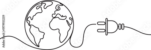 Earth with electric plug in continuous one line drawing. Eco-friendly energy concept. one line Icon drawing