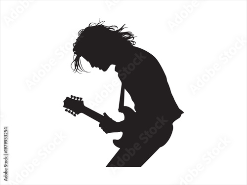 Black silhouette of a man playing electric guitar flat vector, guitar player. rock music vector illustration