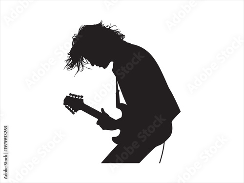 Black silhouette of a man playing electric guitar flat vector, guitar player. rock music vector illustration