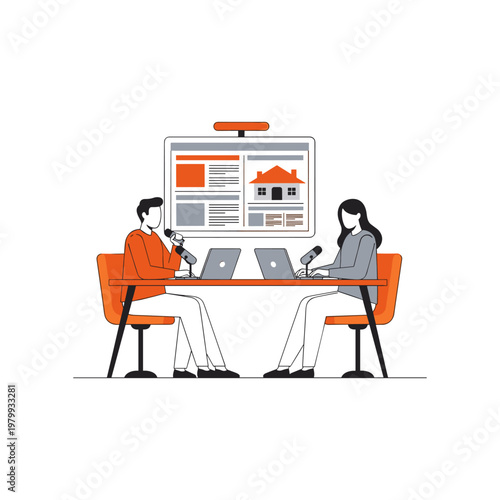 Two professionals collaborating in a virtual meeting setup with laptops and a shared screen