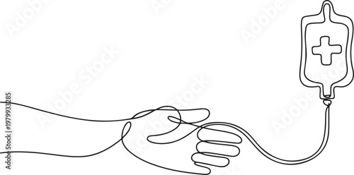 Blood donation in continuous line drawing. One single outline transfusion bag with hand. one line Icon drawing