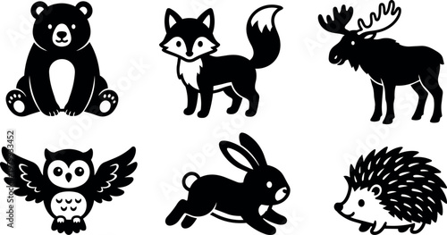 Bear fox moose owl rabbit and hedgehog animals