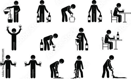 Alcohol consumption stages icons, drinking behavior sequence, intoxication process illustration, wine bottle and glass symbols, addiction concept, vector silhouette set