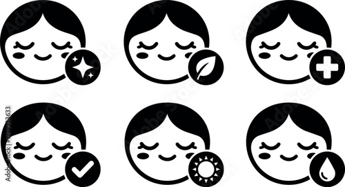 Black and white vector icons of smiling faces with health and nature symbols