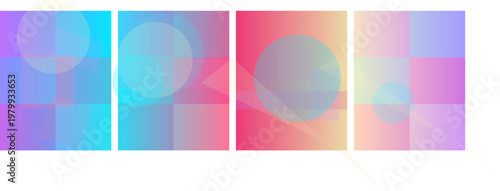 Abstract digital art featuring a series of four vibrant gradient panels with translucent geometric shapes including circles, squares, and triangles, creating a modern and colorful background.