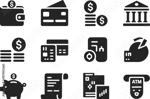 Set of basic financial symbols including banking elements and money management icons for various commercial projects