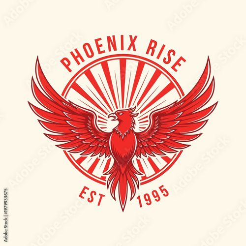 Majestic Phoenix Rise Logo with Spread Wings and Sunburst Design.