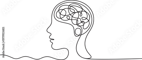 Head with confused think. Continuous one line drawing. People Mental health issue concept. one line Icon drawing