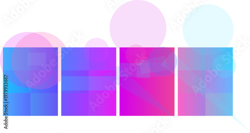 Abstract digital graphic with colorful geometric blocks and translucent circles on a white background, creating a modern visual.