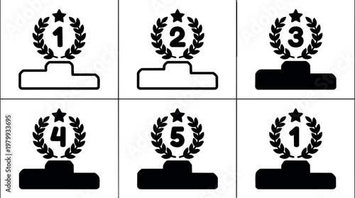 Black and white line art podium with laurel wreaths and stars numbered one to five vector icons