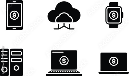 Collection of electronic devices featuring financial symbols representing secure mobile banking and global digital payment systems