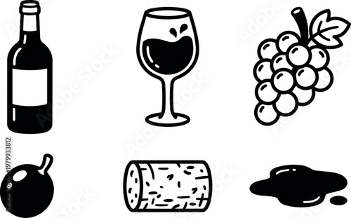 Black and white wine bottle glass grapes cork and spill icons set
