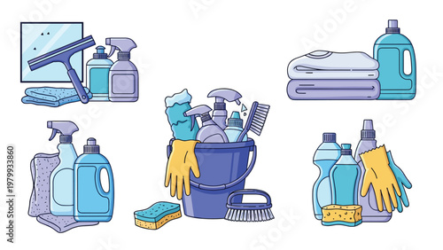 Coordinated set of cleaning supplies in purple and blue colors including detergents sponges a bucket and gloves.