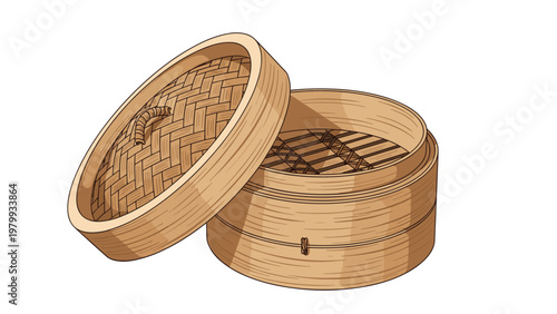 Traditional wooden bamboo steamer basket used for cooking dim sum and dumplings isolated on white background for food.