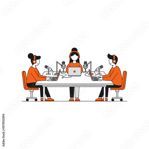 Three individuals participating in a virtual podcast recording session together