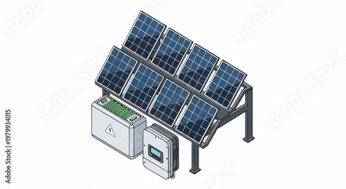 Wallpaper Mural Isometric Solar Panel System with Battery Storage and Inverter. High-performance renewable energy setup for sustainable power generation and green technology concepts. Torontodigital.ca