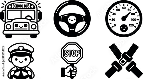 Black and white school bus driver with steering wheel speedometer and safety icons