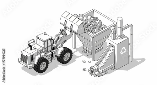 Isometric Waste Recycling Process Illustration with Wheel Loader Dumping Plastic Trash into Shredding Machine