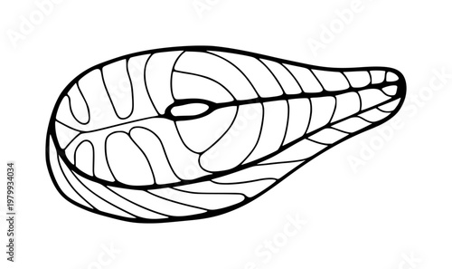 Hand drawn black outline of a salmon fish steak white background, food seafood
