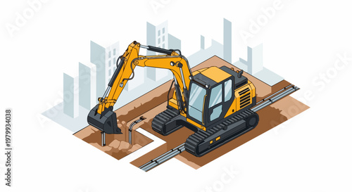 Wallpaper Mural Isometric Vector Illustration of a Yellow Excavator Digging a Trench for Utility Pipes in an Urban Construction Site Torontodigital.ca