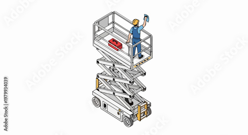 Wallpaper Mural Worker on Scissor Lift Platform Performing Maintenance and Cleaning Services, Isometric Vector Illustration for Industrial Safety and Facility Management Torontodigital.ca