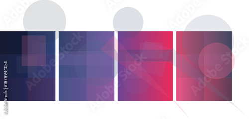 Abstract gradient color palette with four panels transitioning from dark blue to vibrant pink, featuring translucent geometric and circular overlays on a white background.