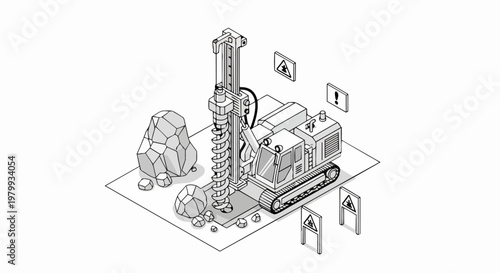 Wallpaper Mural Industrial Drilling Rig Machine with Auger and Warning Signs Isometric Line Art Outline for Coloring Page Torontodigital.ca
