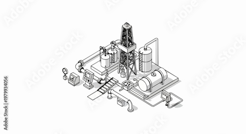 Wallpaper Mural Isometric Oil Rig and Refinery Line Art Illustration with Pipelines and Storage Tanks Torontodigital.ca