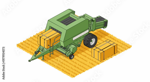 Isometric Vector Illustration of a Modern Agricultural Green Hay Baler Machine Harvesting Straw into Rectangular Bales