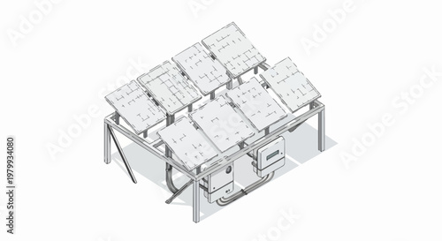 Isometric Line Art Illustration of Solar Panel Array with Inverters for Renewable Energy Systems
