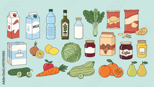 Large variety of grocery items including milk bottles vegetables fruits snacks and jars on a light green background.