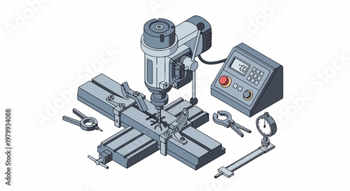 Wallpaper Mural Isometric Illustration of a Vertical Milling Machine with Digital Control Panel and Precision Measuring Tools for Industrial Manufacturing and Metalworking Engineering Torontodigital.ca