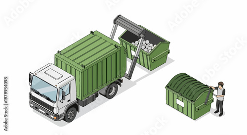 Wallpaper Mural Isometric Garbage Truck Illustration with Front Loader and Waste Dumpster Containers on White Background Torontodigital.ca