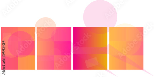 Abstract geometric design featuring four colorful gradient blocks with overlaid translucent circles and rectangles on a white background.