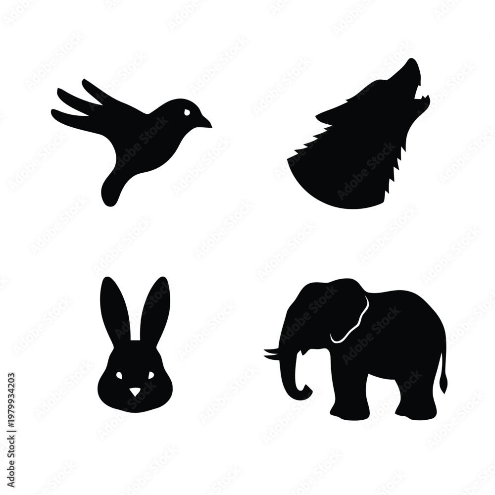 Obraz premium Collection of black animal silhouettes: bird, howling wolf, rabbit, and elephant on white background.