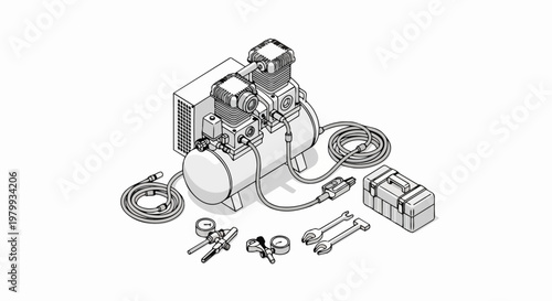 Isometric Line Art Illustration of an Industrial Air Compressor with Pneumatic Tools, Hoses, and Toolbox for Technical Manuals